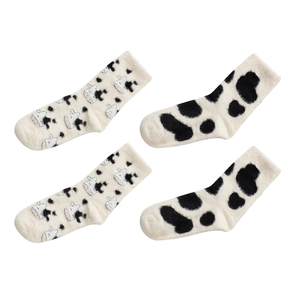 

2 Pairs Fluffy Slippers Women Cow Socks Plush Cows Thickened Warm Winter Furry Tube Cartoon Stocking Women's