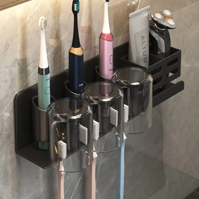 

Toothbrush Holder Punch-free Space Aluminum Electric Brushing Mouthwash Cup Bathroom Rack Wall-mounted Toilet Toothpaste Storage