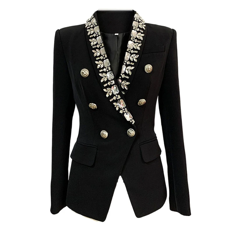 

Black Women Jackets Blazer High Quality Cotton Embroidered Beading Gold Double-breasted Button Beaded Shawl Collar Blazer 2021