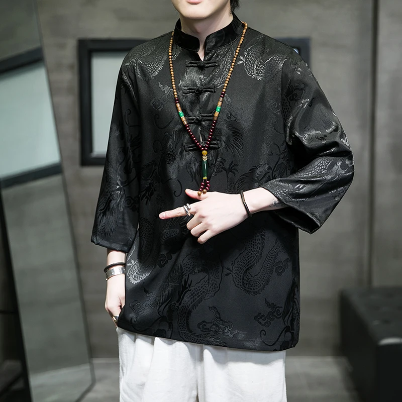 

2022 Chinese Style Men's Ice Silk Dragon Pattern Print Tang Suit Hanfu T-shirt Men's Plus Size Summer Casual Loose Shirt Top