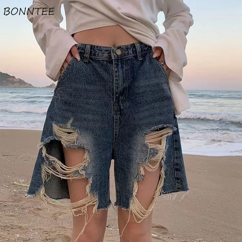 

Denim Shorts Women Loose Hole High Waist Summer Cool Ins Hip Hop Style Casual Retro Ulzzang All-match Fashion Streetwear New Hot