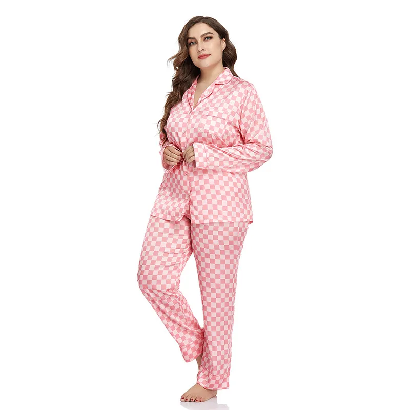Ladies Plus Size Pajama Set Ladies Ice Silk Pajamas Homewear Cardigan Lapel Long Sleeve Pants Two Piece Set