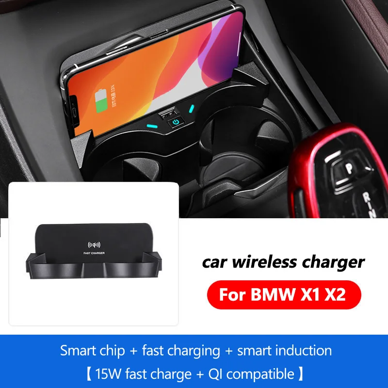 Car Wireless Charger For BMW X1 X2 F39 F48 F49 15W 2016 2017 2018 2019 2020 2021 Cigarette Lighter Central Control Mobile Phone