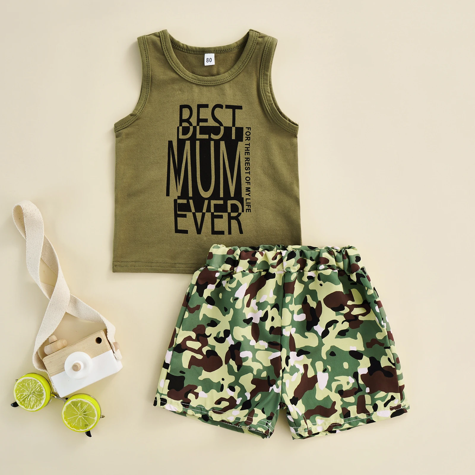 

Toddler Kids Boys 2 Pieces outfits, Letter Print Round Neck Sleeveless Tank Tops + Camouflage Shorts Set