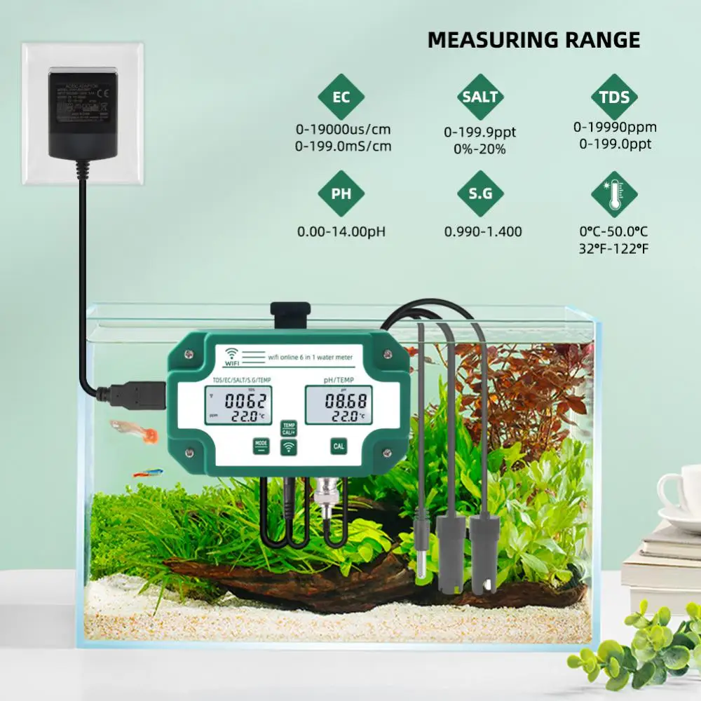 

Digital WiFi PH EC TDS SALT SG.Temp Meter Water Quality Tester 6-in-1 Multifunction Smart Monitor Tuya APP Control US/EU/UK Plug