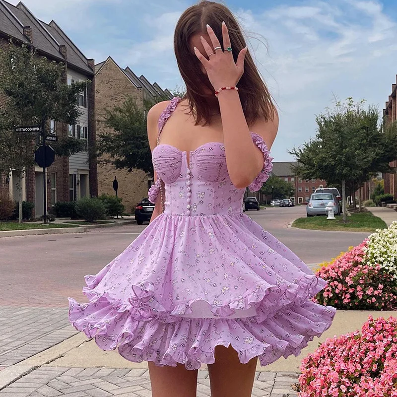 

Summer Sexy Fairy Chiffon Purple Floral Ruffle Layered Tiered Dress For Vacation Spaghetti Slash Neck Off Shoulder Mini Dresses