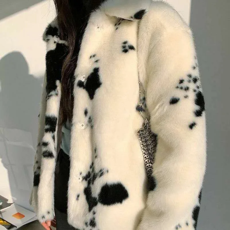 Fashion Black White Cow Pattern Faux Mink Fur Coat Womens Elegant Winter Warm Short Turn-down Collar Coats Korean Soft Tops