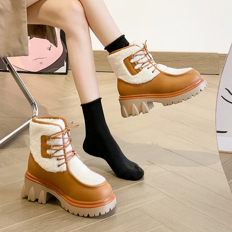 

Обувь в стиле "Лолита", роскошная дизайнерская зимняя обувь с круглым носком, плюшевые ботинки на шнуровке, женские ботильоны на плоской под...