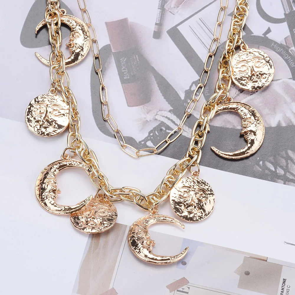 2023 New ZA Golden Metal Link Choker Necklace With Moon Sun Charm Pendants Necklace Women Vintage Statement Necklace Jewelry images - 6