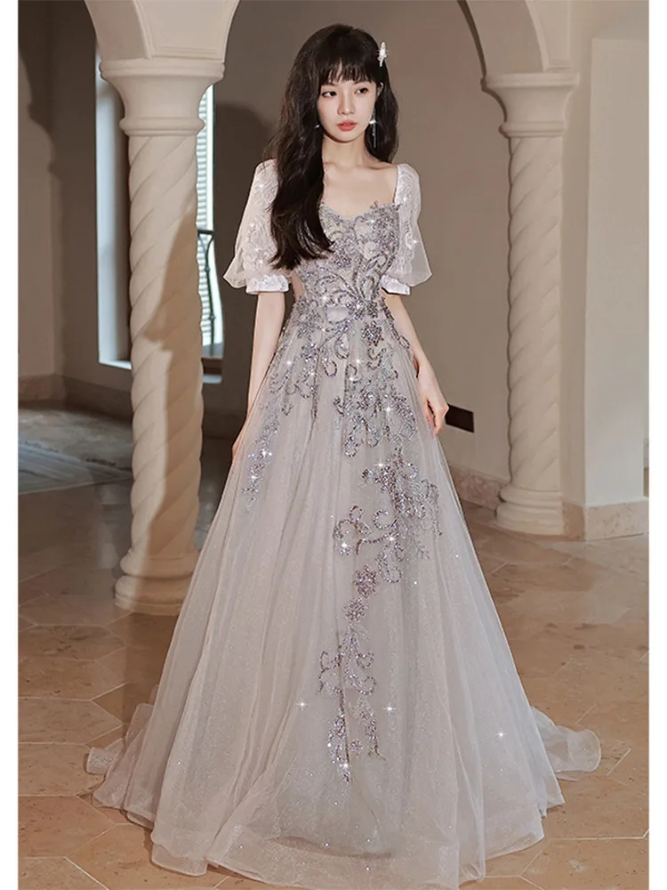 

Long Shiny Gary Prom Dress Lantern Half Sleeve Sequins Lace Appliques Beads A-line Wedding Banquet Bridesmaid Evening Dress