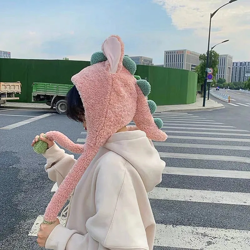 

Lovely Dinosaur Headwear Autumn Winter Warm Hat Women Men Funny Velvet Headdress Movable Ears Plush Beanies Hats Comfortable