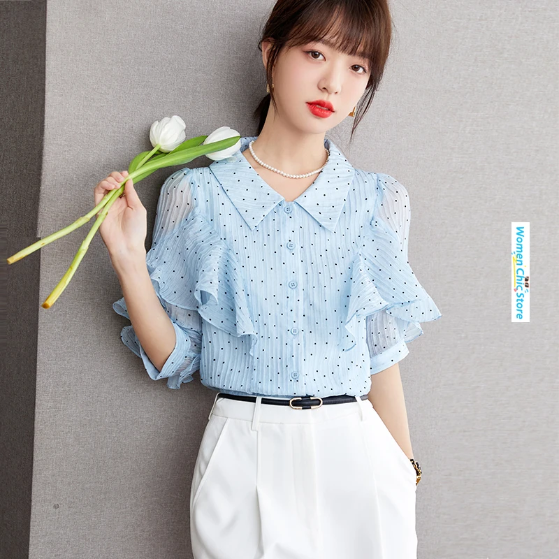 Женская блузка в горошек голубая тонкая элегантная Свободная с оборками и
