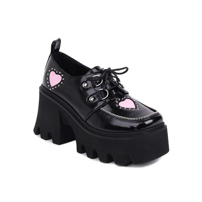 Lolita Princess Platform Women's Chunky Shoes Brand Designer Patent Leather Female Shoes Lace up Deep Mouth Block Shoes 35-43