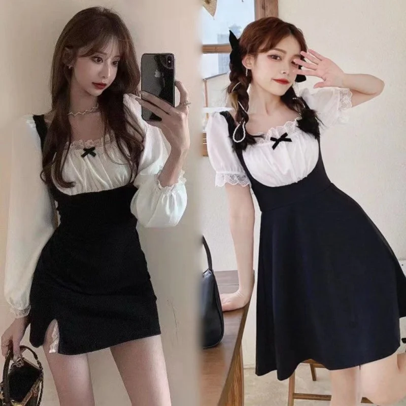 

French retro stitching fake two-piece hip sexy dress