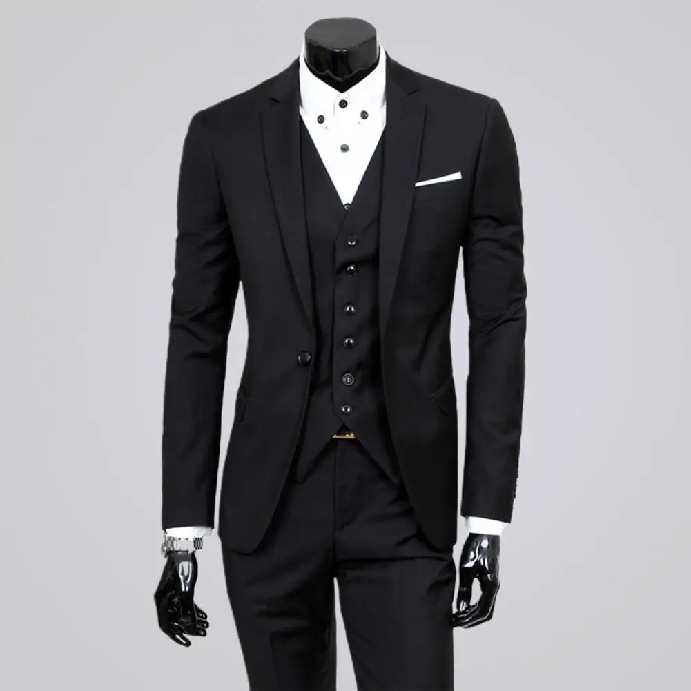 

Business Suit 3 Pcs/Set Zipper for Evening Prom 3 Piece Set Formal Suit Solid Color Slim Fit Men for Evening Prom