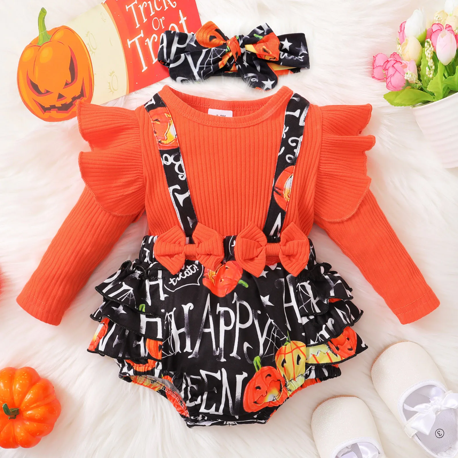 

Baby Christmas Outfit Girl Infant Girls Halloween Ruffles Long Sleeve Cartoon Prints Romper Newborn Baby Girl Dress Bodysuit
