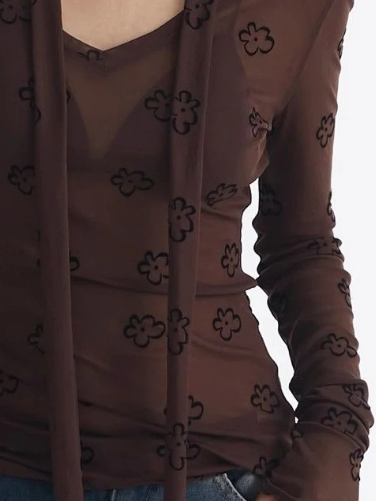 Harajuku See Through Mesn Шарф Топы Женская Цветочный Принт Y2k Эстетическая Футболка Винтаж