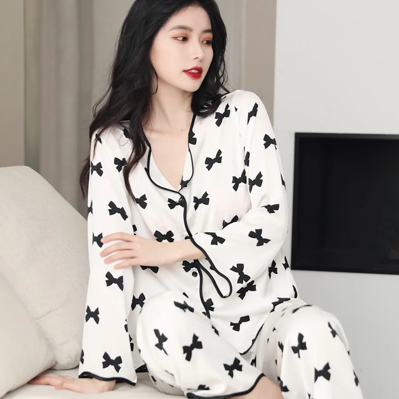 Spring Summer Silk Pajamas Women's Long-Sleeve Suit Printed Korean Style Loose Oversized Cardigan Ice Silk Thin Homewear