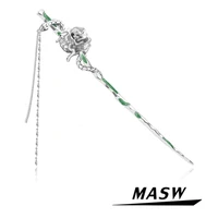 masw fashion hair accessories metal hair stick for women silver color elegant chain tassel green hairpin female headwear