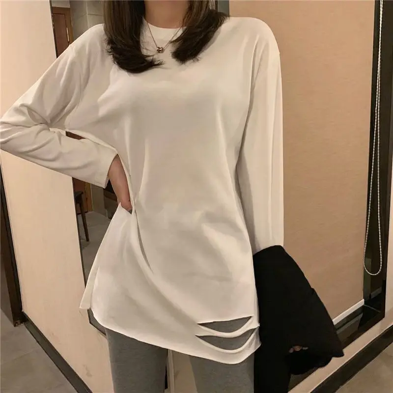 Женские футболки белая Весенняя футболка с дырками женские топы длинным рукавом