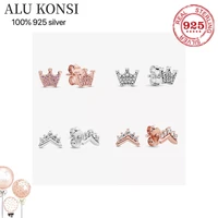 hot sale luxury real 925 sterling silver authentic crown pan earrings for women fit original diy fashion wedding jewelry