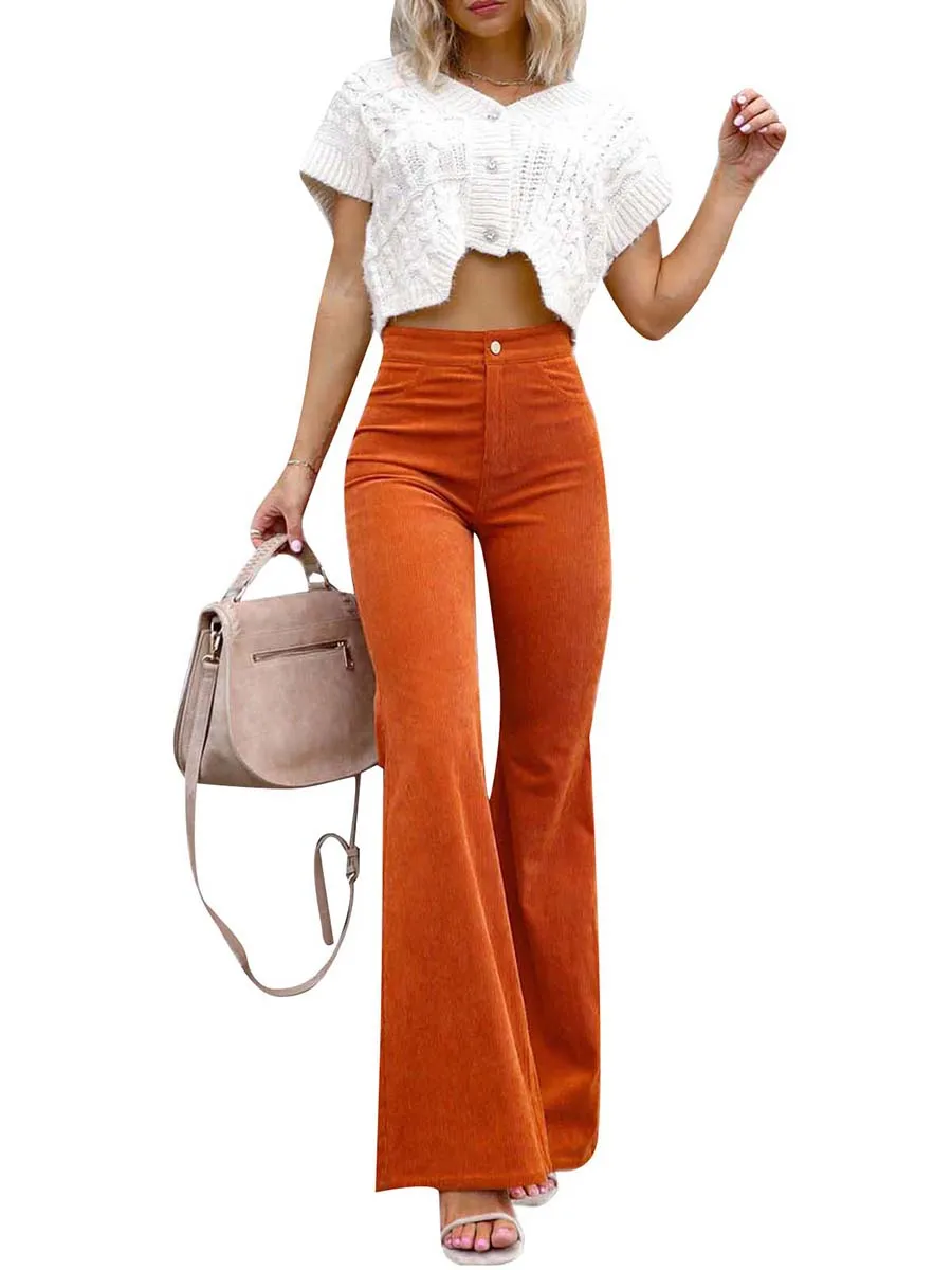 

Women s Casual High Waist Corduroy Flare Pants Vintage Solid Color Bell Bottom Trousers Streetwear with Pockets