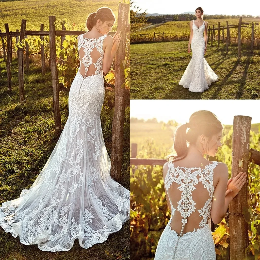 

Sexy Deep V Neck Mermaid Vestidos De Novia Appliques Vestido De Noiva Spaghetti Straps Wedding Dresses Lace Robe De Mariée
