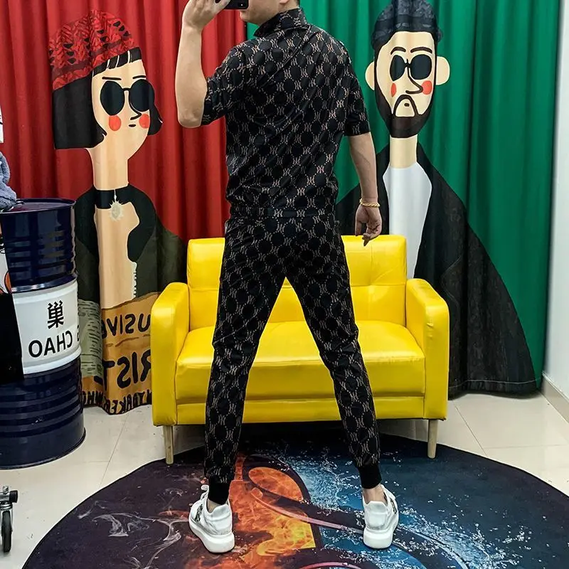 Men's Ice Silk Casual Print Suit Summer New Fashion Trend Zipper Stand-Up Collar Cardigan Top Trousers Two-Piece Set