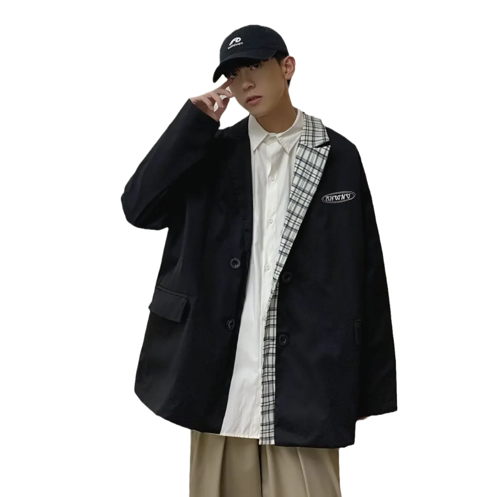 Spring Autumn Men's Loose-fit Trendy Korean Style Suit Elegant Vintage Western-style Clothes Plaid Casual Top Jacket