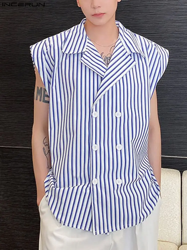 

INCERUN Fashion Men Striped Shirt Lapel Sleeveless Double Breasted Casual Camisas 2022 Streetwear Summer Leisure Men Clothing