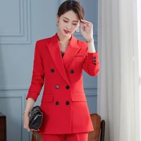 formal ladies blazer women business suits with sets work wear korea office uniform dark red 2 piece large size pants jacket set