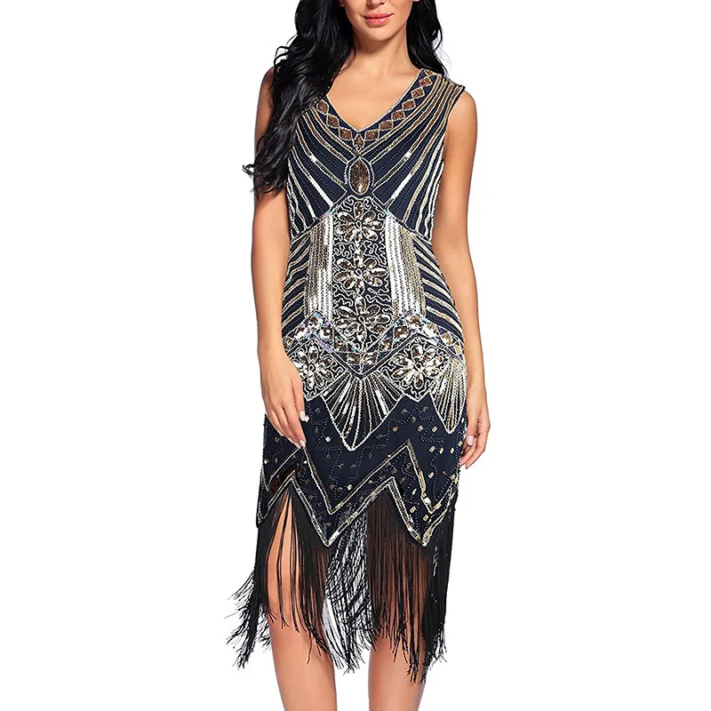 

Women 1920s Vintage Dress Double V-Neck Sleeveless Beaded Sequin Tassel Dress Art Dress For Party Dacne Sexy Dresses
