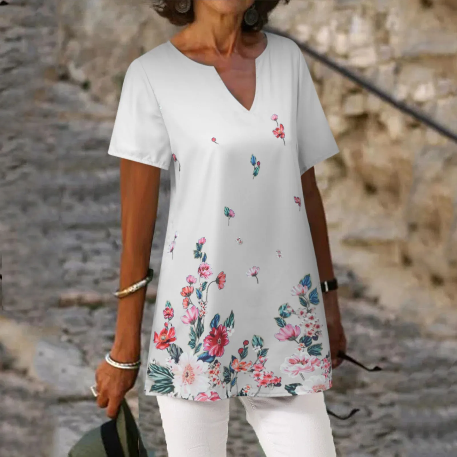 

Womens Blouse V Neck Short Sleeve Floral Print Fashion Shirt Blouse Top Woman Clothes Blusas Y Camisas Vetement Femme 2022