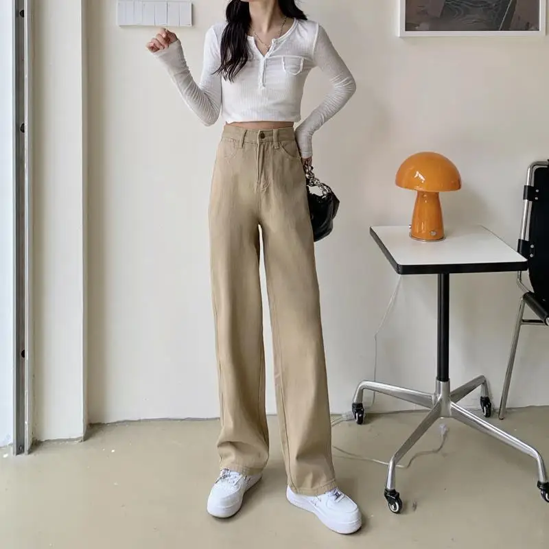 High Waist Jeans for Women Vintage Khaki Denim Trousers Casual Straight Wide Lei Pants Korean Fashion Y2k Bottoms Female Clothes