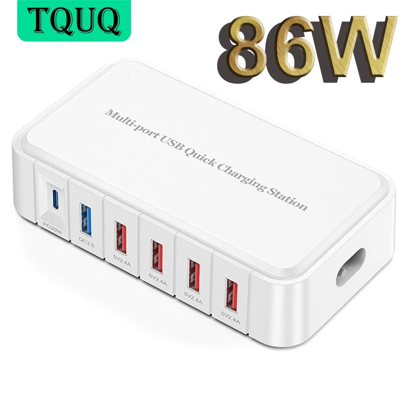 Сетевое зарядное устройство TQUQ с 6 USB-портами и поддержкой быстрой зарядки, 86 Вт