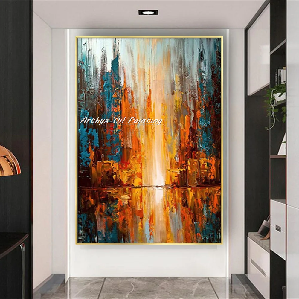 

Arthyx,Handmade Palette Knife Abstract City Landscape Oil Paintings On Canvas,Modern Wall Art Picture For Living Room Home Decor