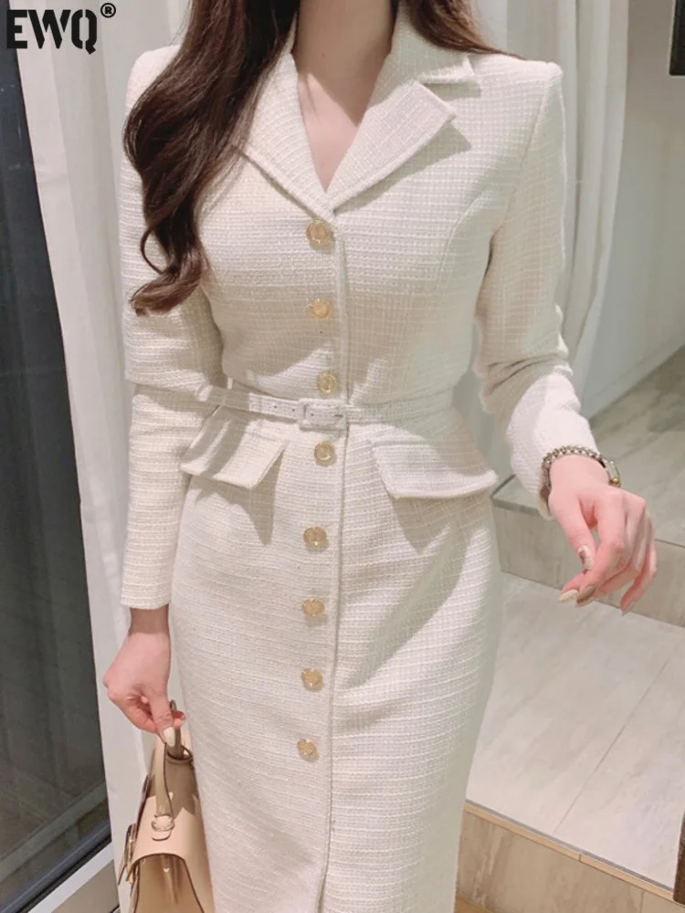 

sweet Notched Collar Dresses Women Beautiful Women Clothes Lace-up Waist Vestidos Office Ladies Tweed Robe 2023 spring