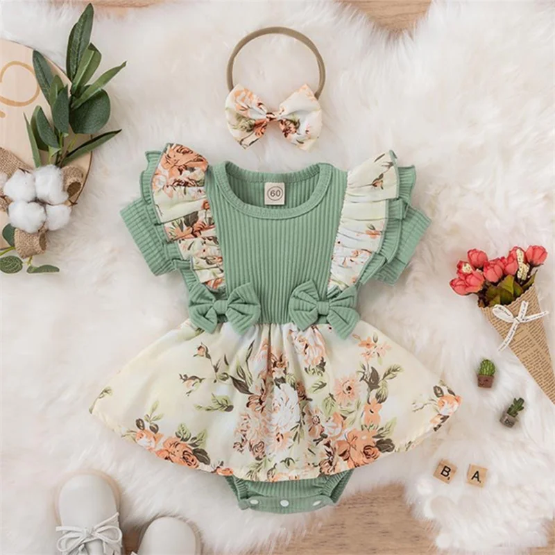 

Summer Green Knit Ribbed Ruffle Sleeve Newborn Girls Bodysuit Soft Cute Toddler Baby One-piece Romper Dresses with Bow headband