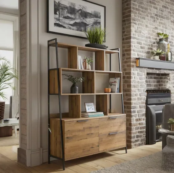 Современный деревянный книжный шкаф в индустриальном стиле с полками и ящиками