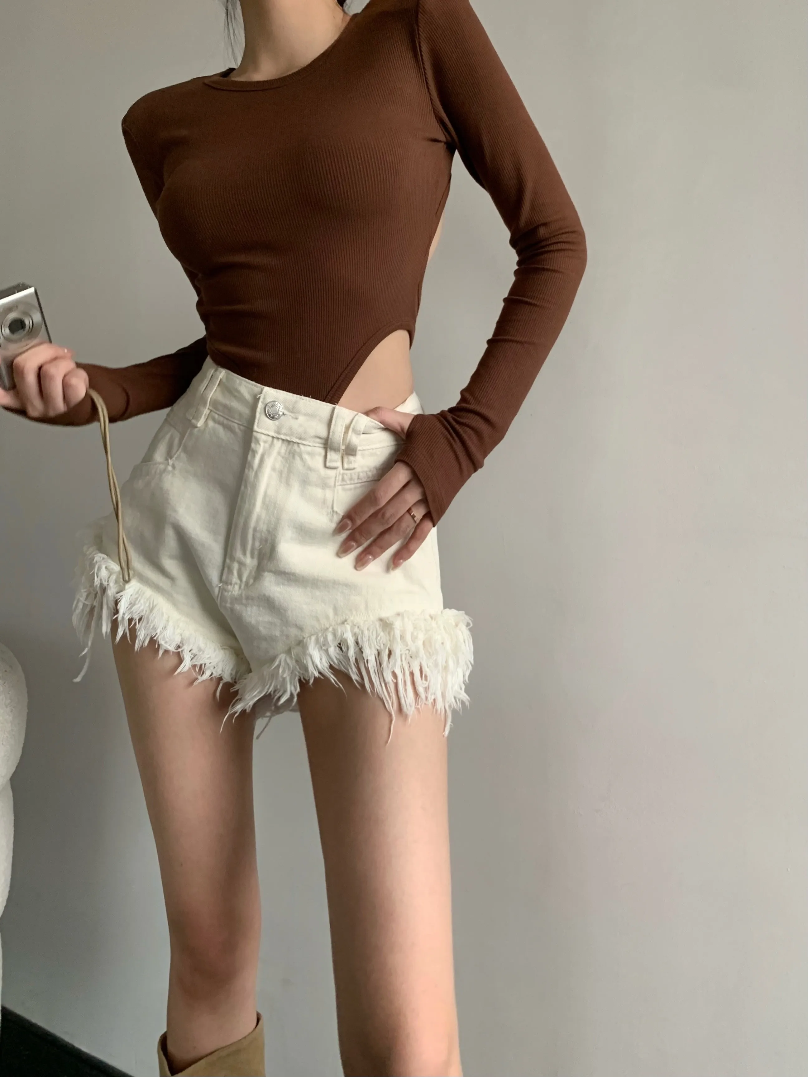 

White Denim Shorts Women New High-Waist Ripped Fringed Burr Hot Pants 2023 Summer Loose Wide-Leg Korean Style Short Femme
