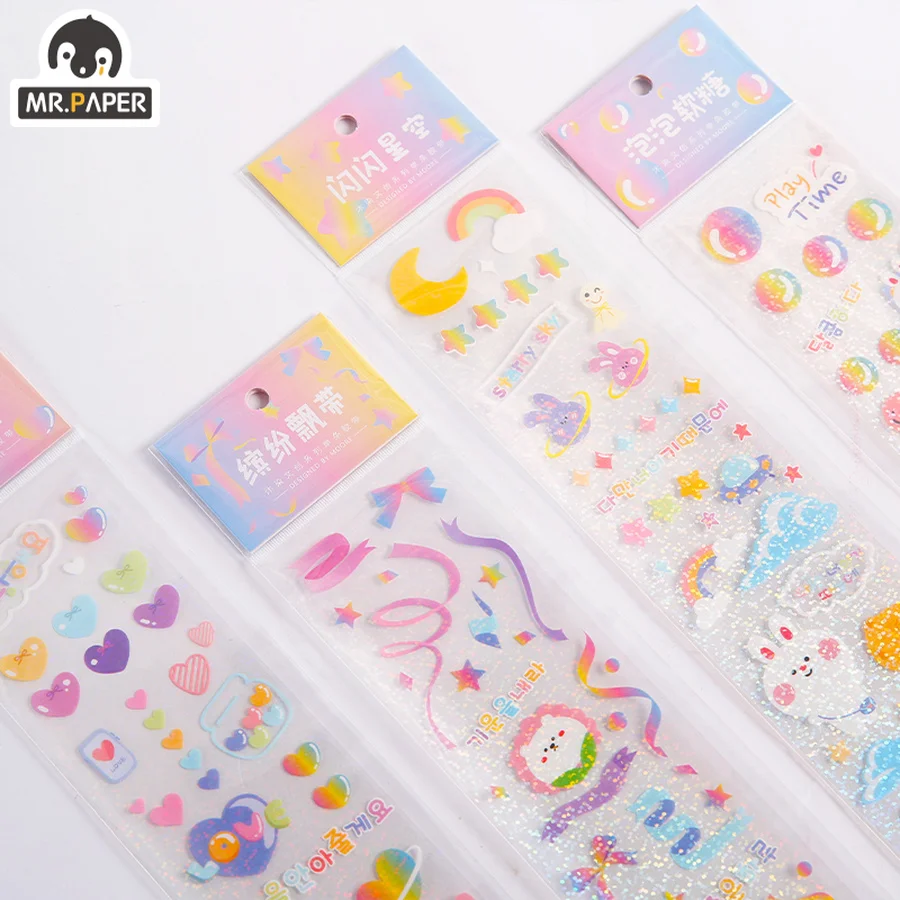 

Mr.paper 4 Styles 1Pcs/Bag Kawaii Animal Long Sticker Cute Rainbow Heart Bubbles Scrapbooking DIY Decoration Stationery Stickers