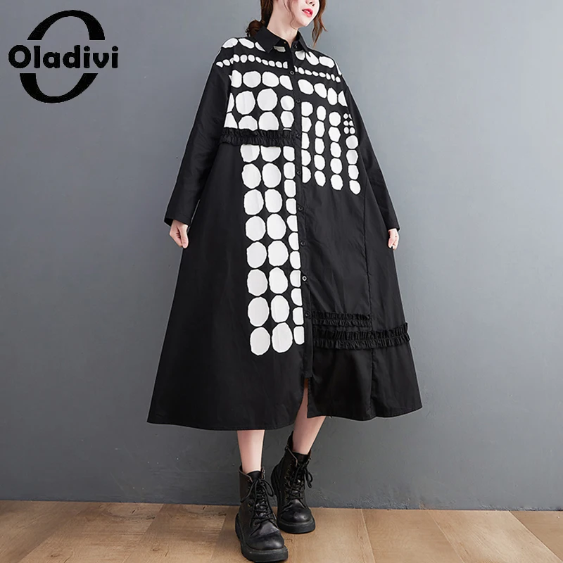 

Oladivi Fashion Polk Dot Printed Oversized Dress Women 2022 New Spring Autumn Casual Loose Large Size Dresses Vestidio Robe 9850
