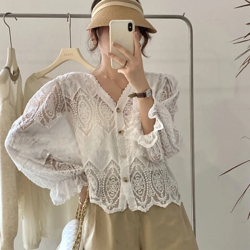 

Women Spring Puff Long Sleeve Lace Cropped Cardigan French Style V-Neck Button Down Embroidery Floral Shrug Jacket Sheer Mesh
