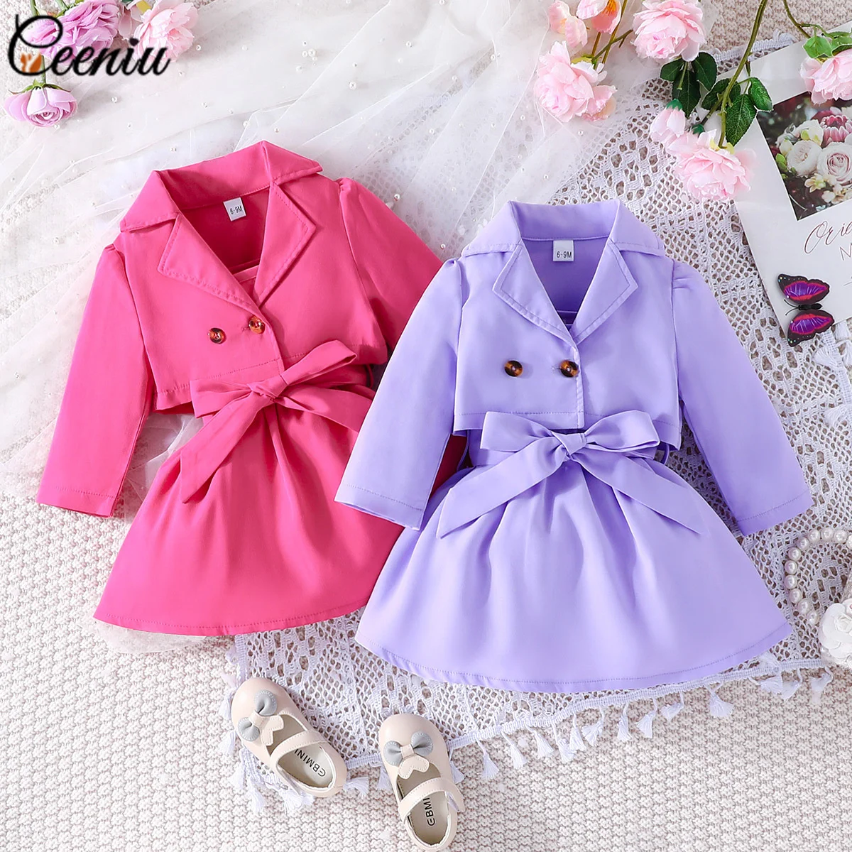 

Ceeniu 0-4Y Toddler Girls Dresses Kids Lapel Blazer Coat and Hot Pink Belted Tank Dress For Baby Kids Clothes Girls Outfit Set