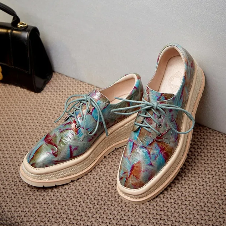 

Эспадрильи женские на платформе, Винтажный дизайн, плоская платформа, шнуровка, соломенное плетение, синяя печать, повседневные Мокасины