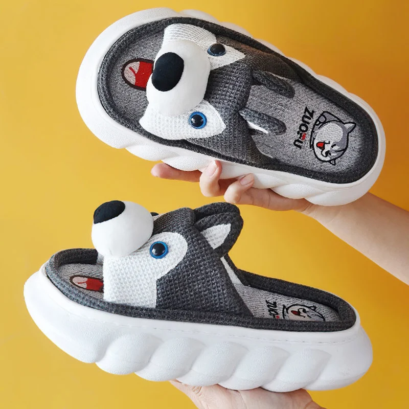 Шлепанцы женские льняные на толстой подошве домашние Нескользящие сандалии с