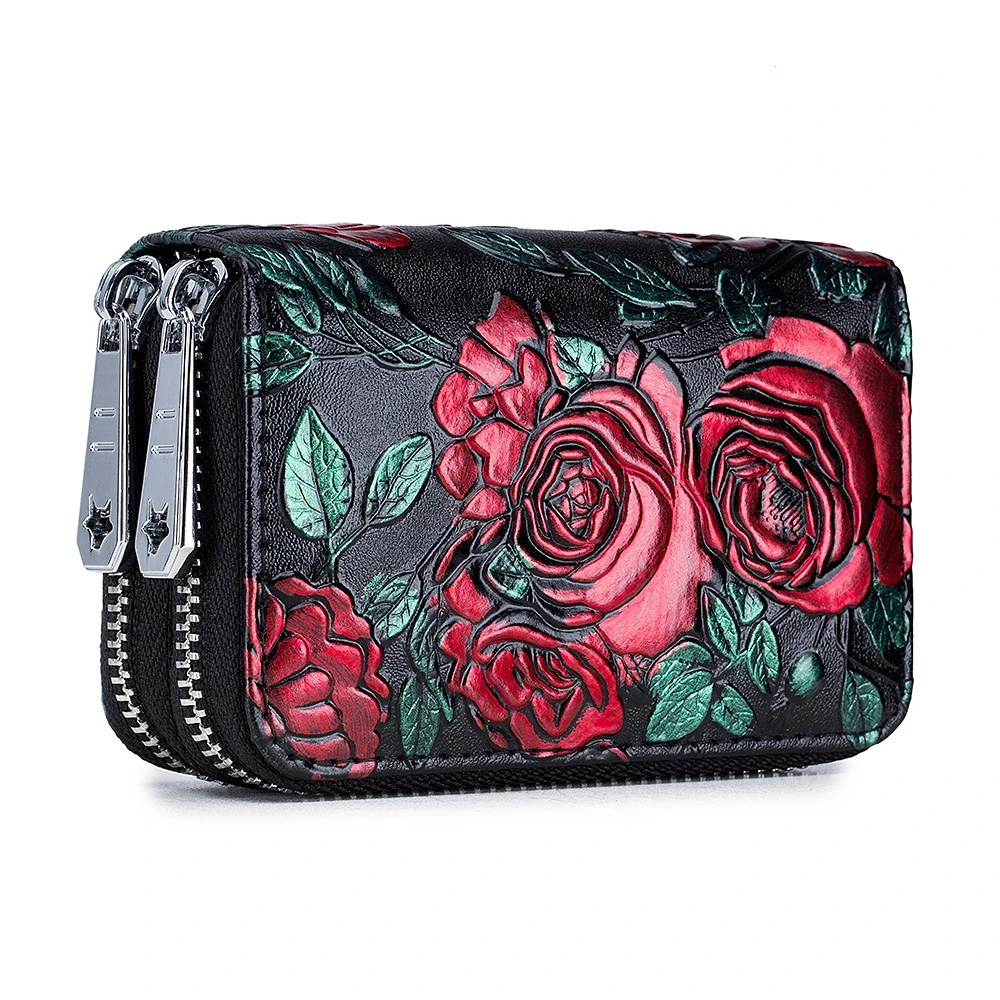 Women Card Holder PU Leather Double Zipper Card Case 3D Flower Printed Ladies Purse Bag Wallets for Women Card Wallet Cartera