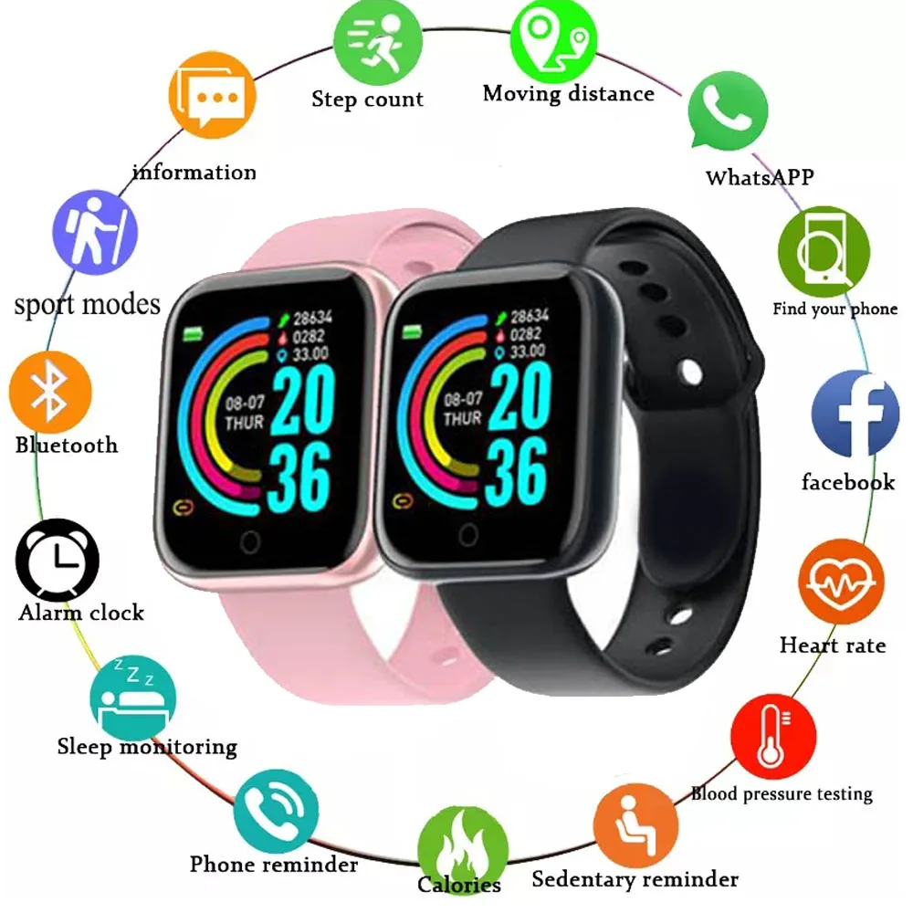 

Умные часы D20S с Bluetooth для мужчин и женщин, пульсометром и тонометром, спортивные Смарт-часы Y68, фитнес-трекер для Xiaomi Huawei