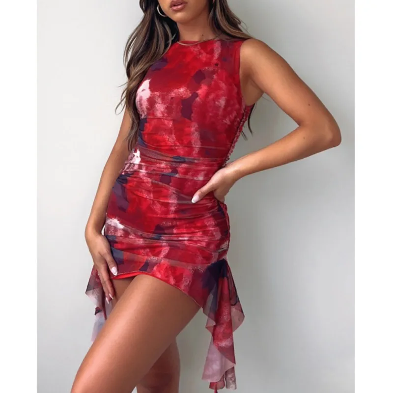 

Летние облегающие платья с оборками на подоле, женская модель, Клубная одежда, однотонное/Цветочное платье-мини без рукавов с оборками, женская уличная одежда