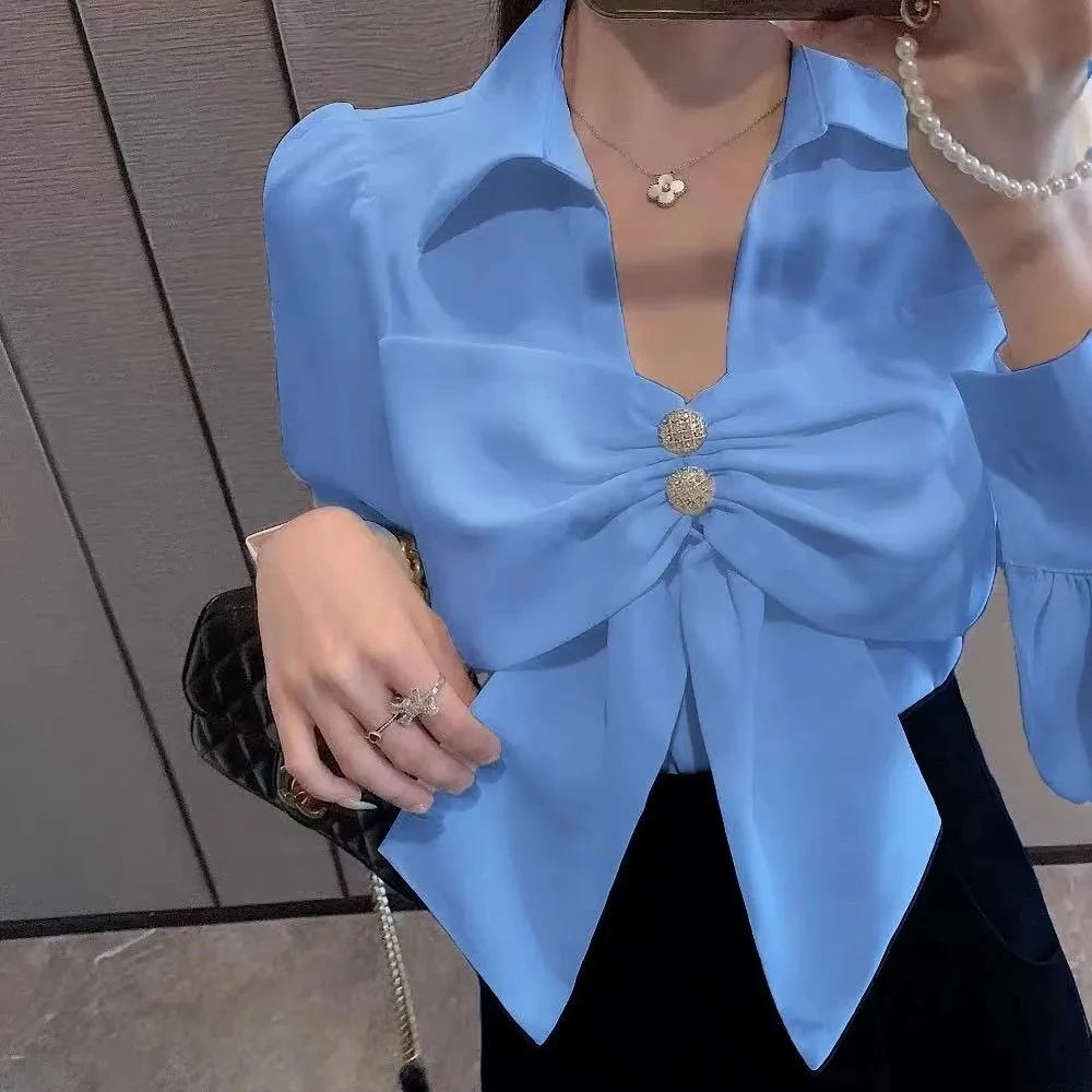 Блузка женская шифоновая с V-образным вырезом и рукавами-фонариками